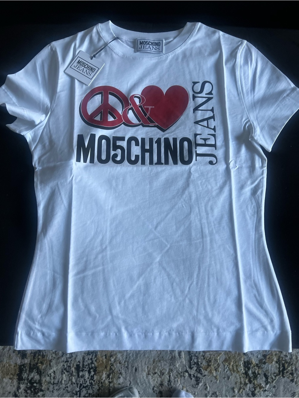 Moschino White Tee with Red Peace & Heart Logo